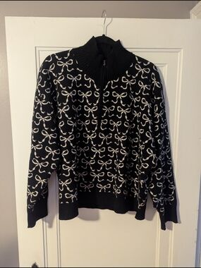 Maeve Black Zip-Up Knit Sweater with White Bow Motif